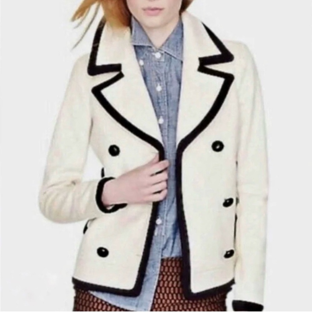 NWT J. Crew Women’s Nello Gori White Wool Peacoat with Navy Trim